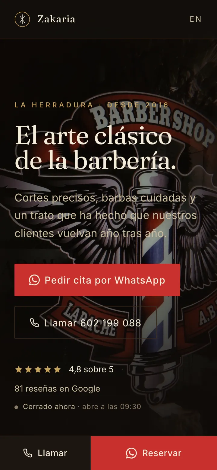 La web de Barber&iacute;a Zakaria en m&oacute;vil